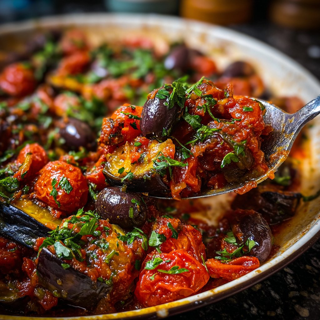 Auberginenpfanne mit Tomaten und Oliven