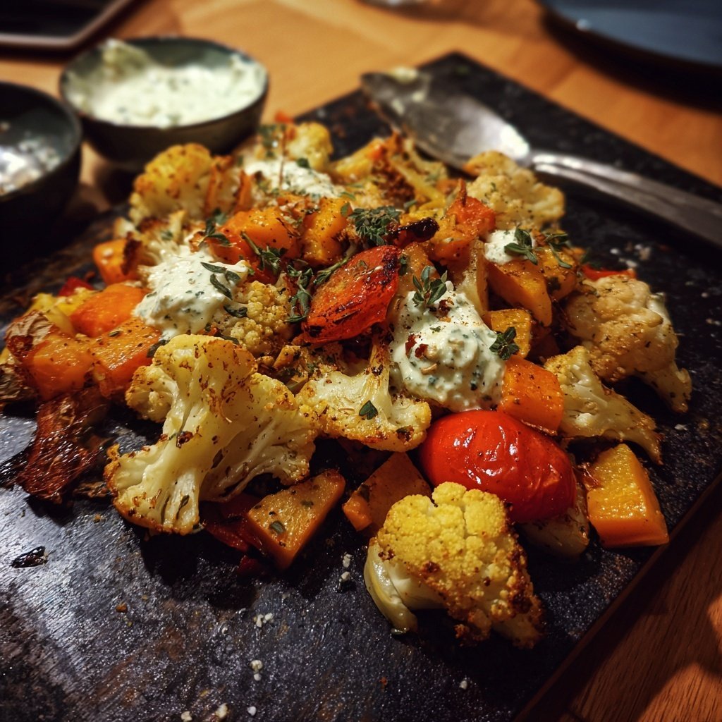 Abendessen mit Ofengemüse und Kräuterquark